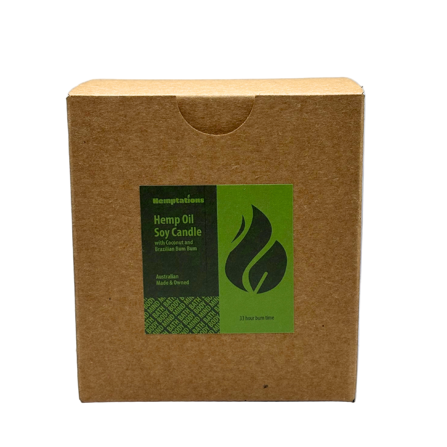 Brown cardboard box with green label featuring a leaf symbol on a gray background