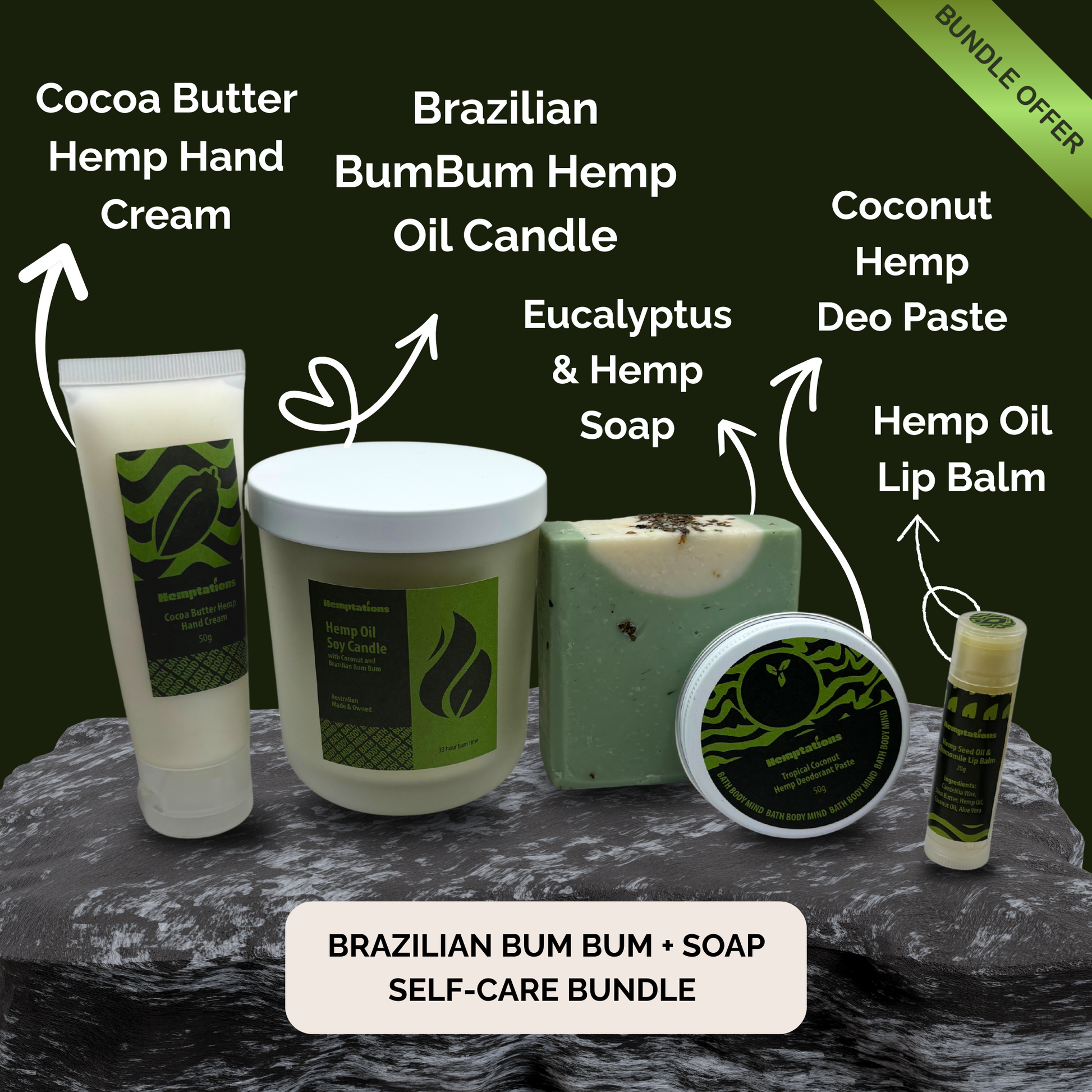 Collection of Brazilian Bum Bum Hemp products including cream, candle, soap, deo paste, and lip balm on a dark surface.