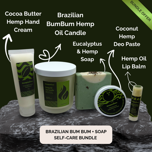 Collection of Brazilian Bum Bum Hemp products including cream, candle, soap, deo paste, and lip balm on a dark surface.