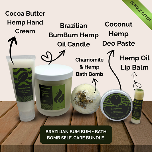 Collection of Brazilian Bum Bum bath and self-care products on a wooden surface with product names and descriptions.