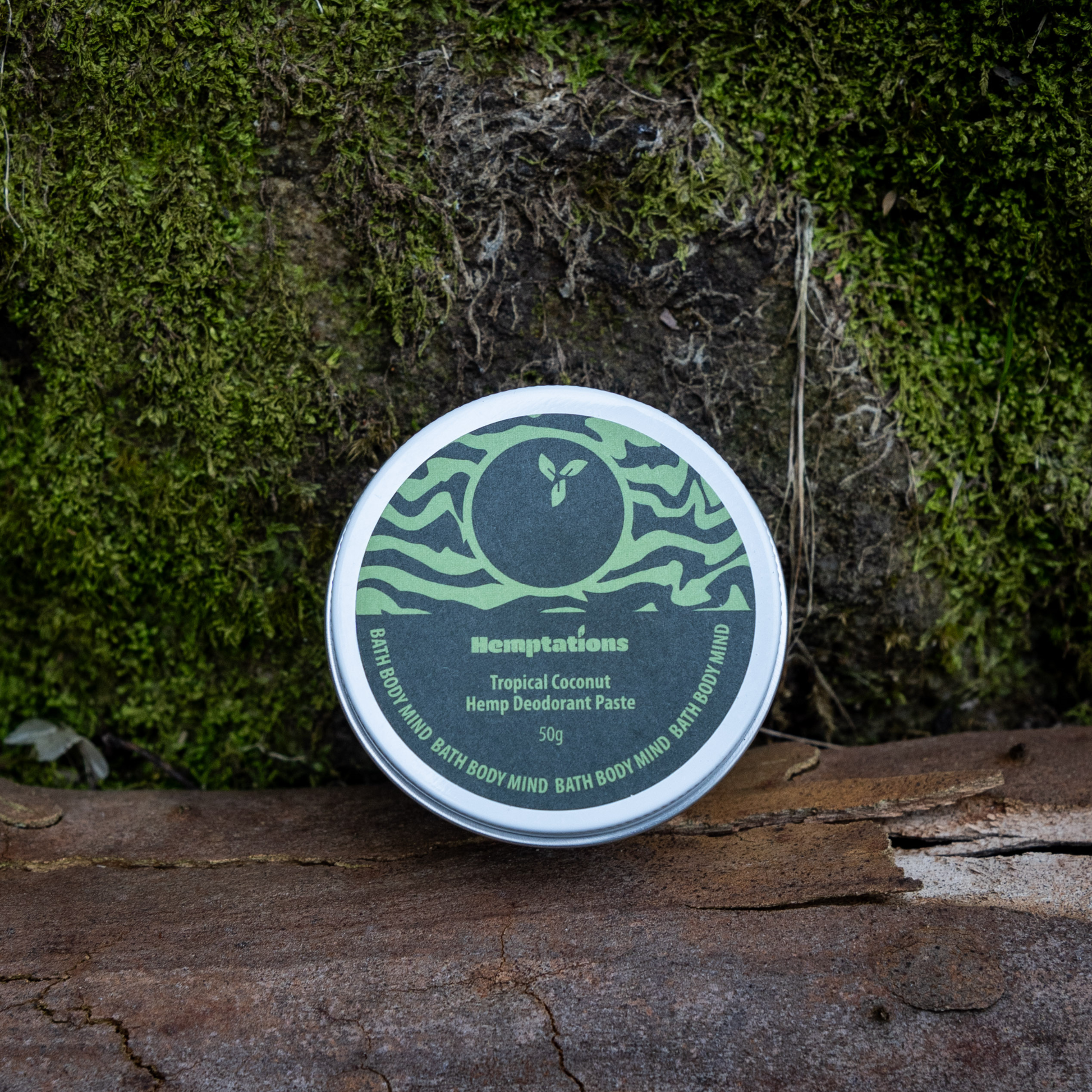 Hemptations tropical coconut hemp body mind paste container on a natural background