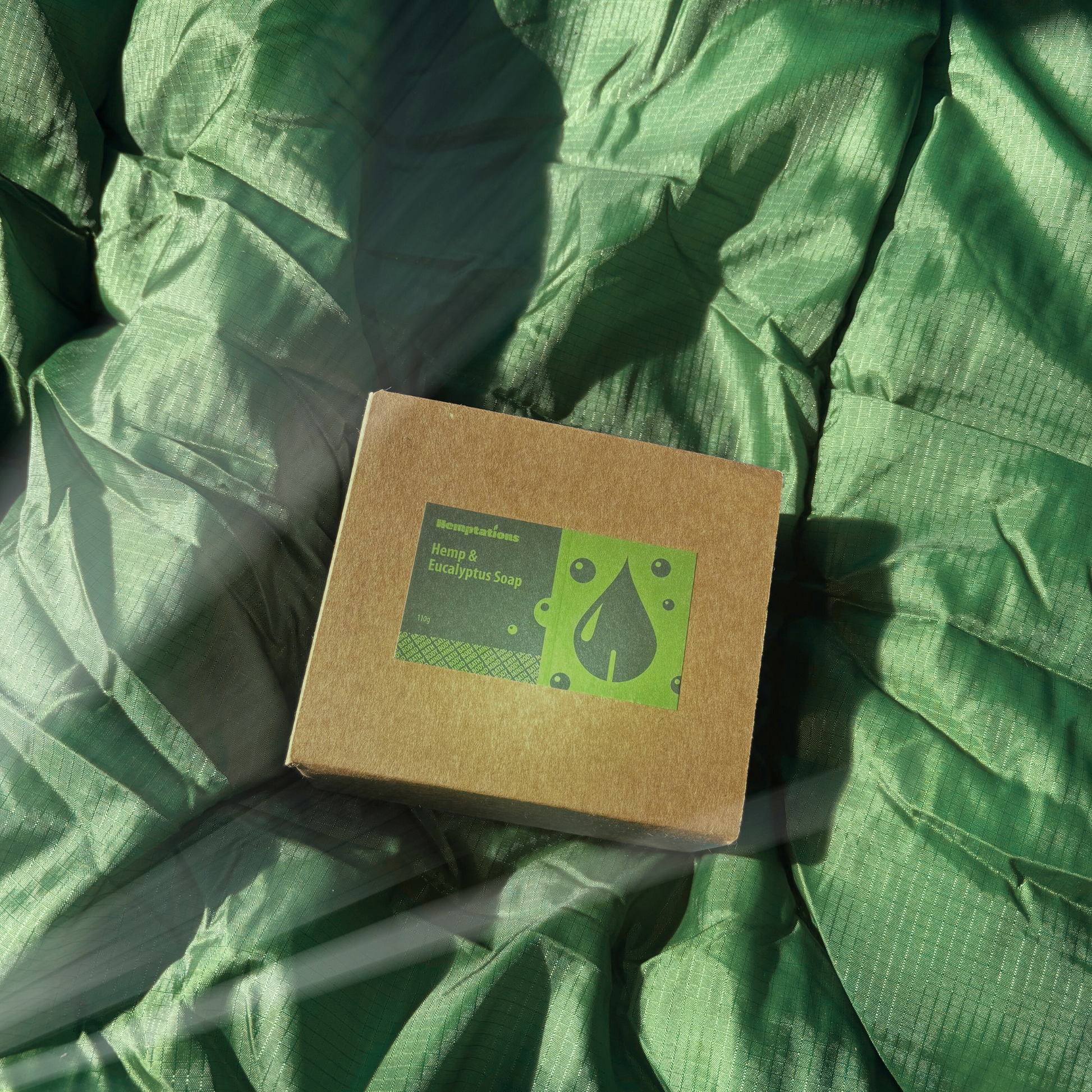 Cardboard box with green label on a green textured surface
